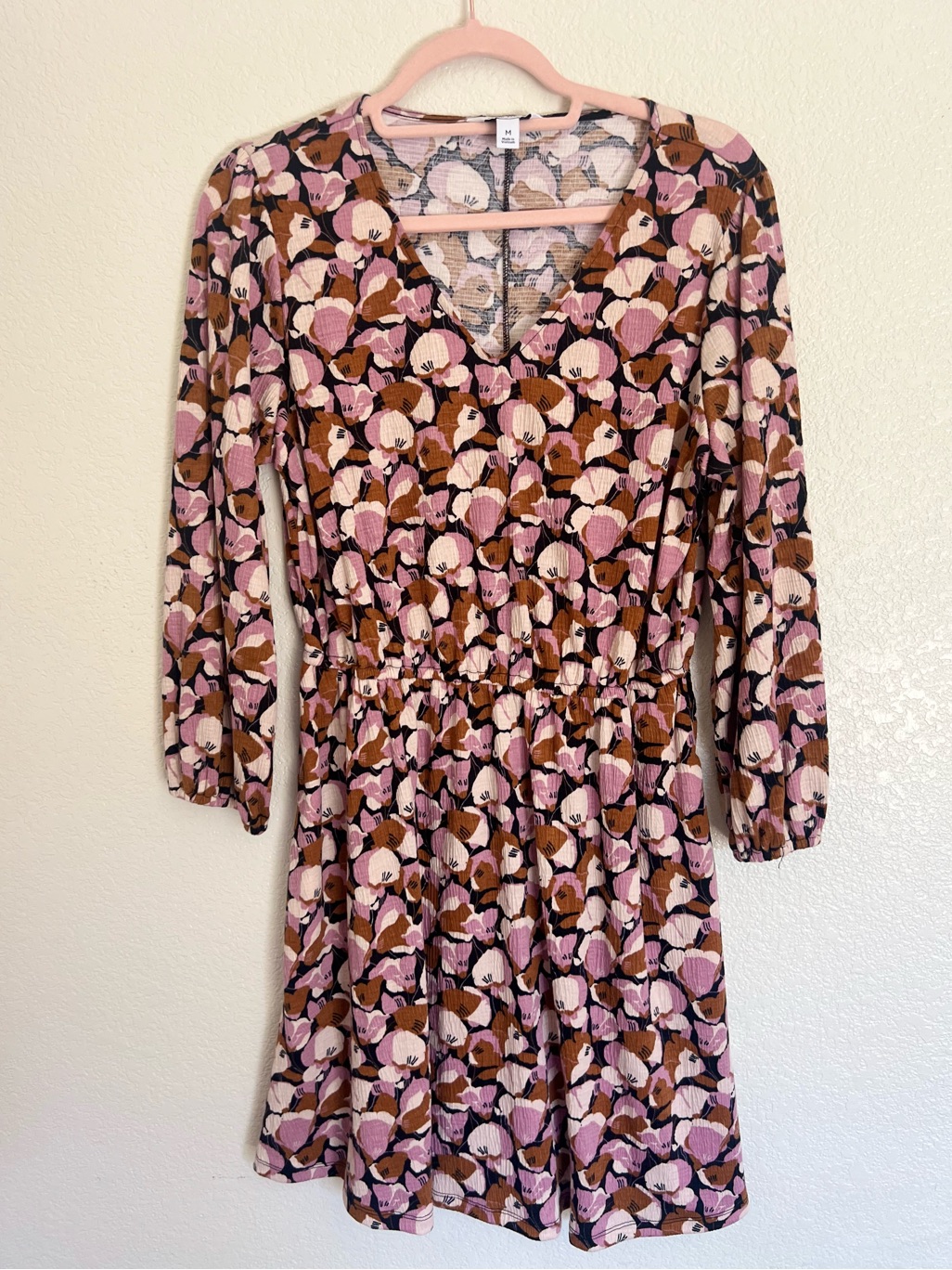 Nine West Pink And Brown Floral V-Neck Long Sleeve Dress